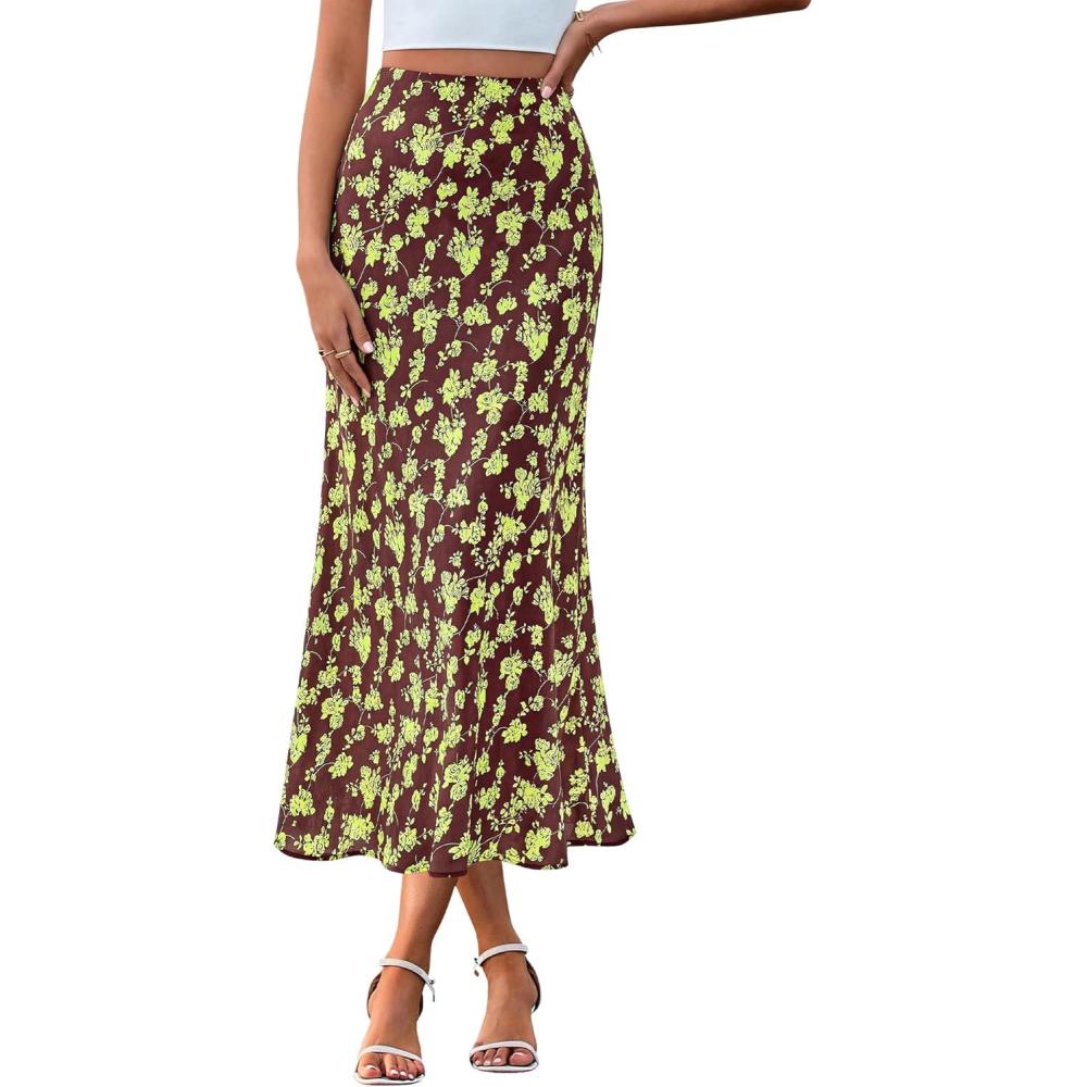 imageBTFBM Satin Skirts for Women Trendy Spring Summer 2026 High Waisted Leopard Print Cocktail Wedding Long Silk Midi SkirtFloral Brown Light Green