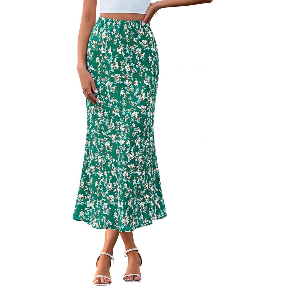 imageBTFBM Satin Skirts for Women Trendy Spring Summer 2026 High Waisted Leopard Print Cocktail Wedding Long Silk Midi SkirtFloral Green White