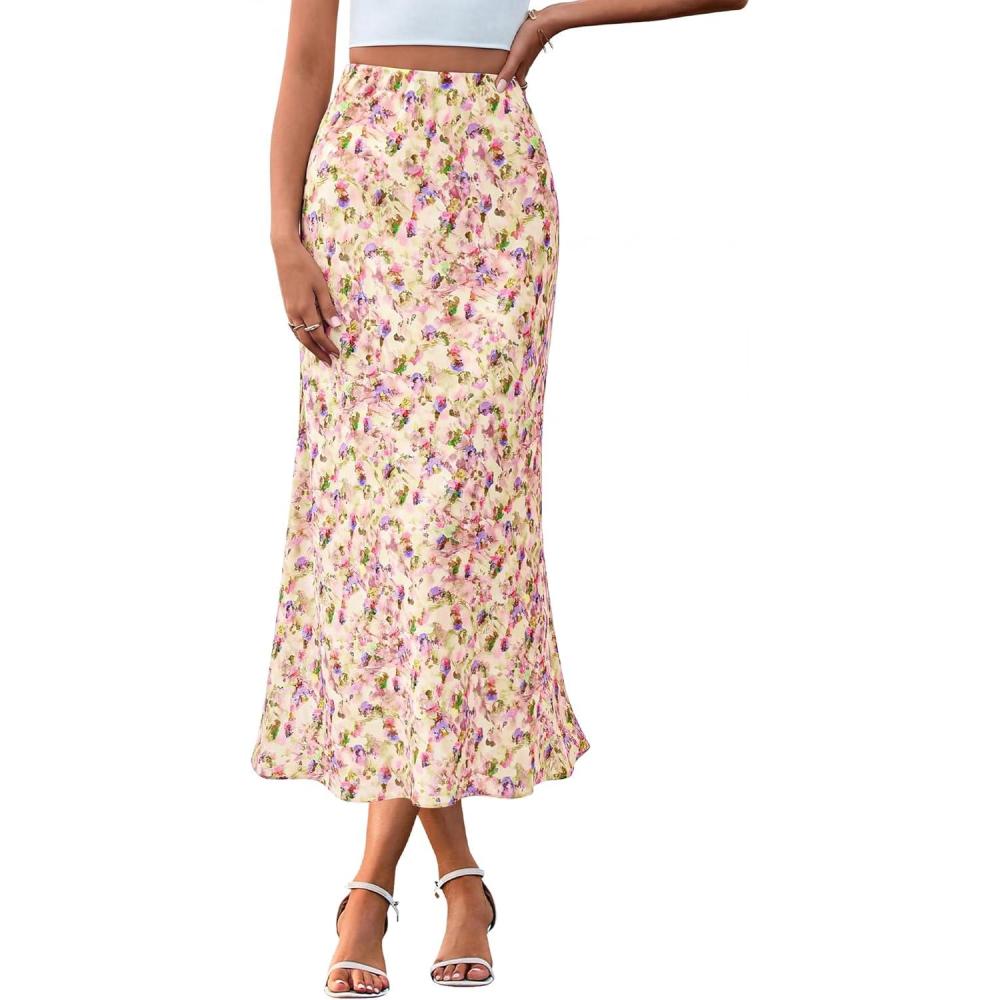 imageBTFBM Satin Skirts for Women Trendy Spring Summer 2026 High Waisted Leopard Print Cocktail Wedding Long Silk Midi SkirtFloral Yellow Pink