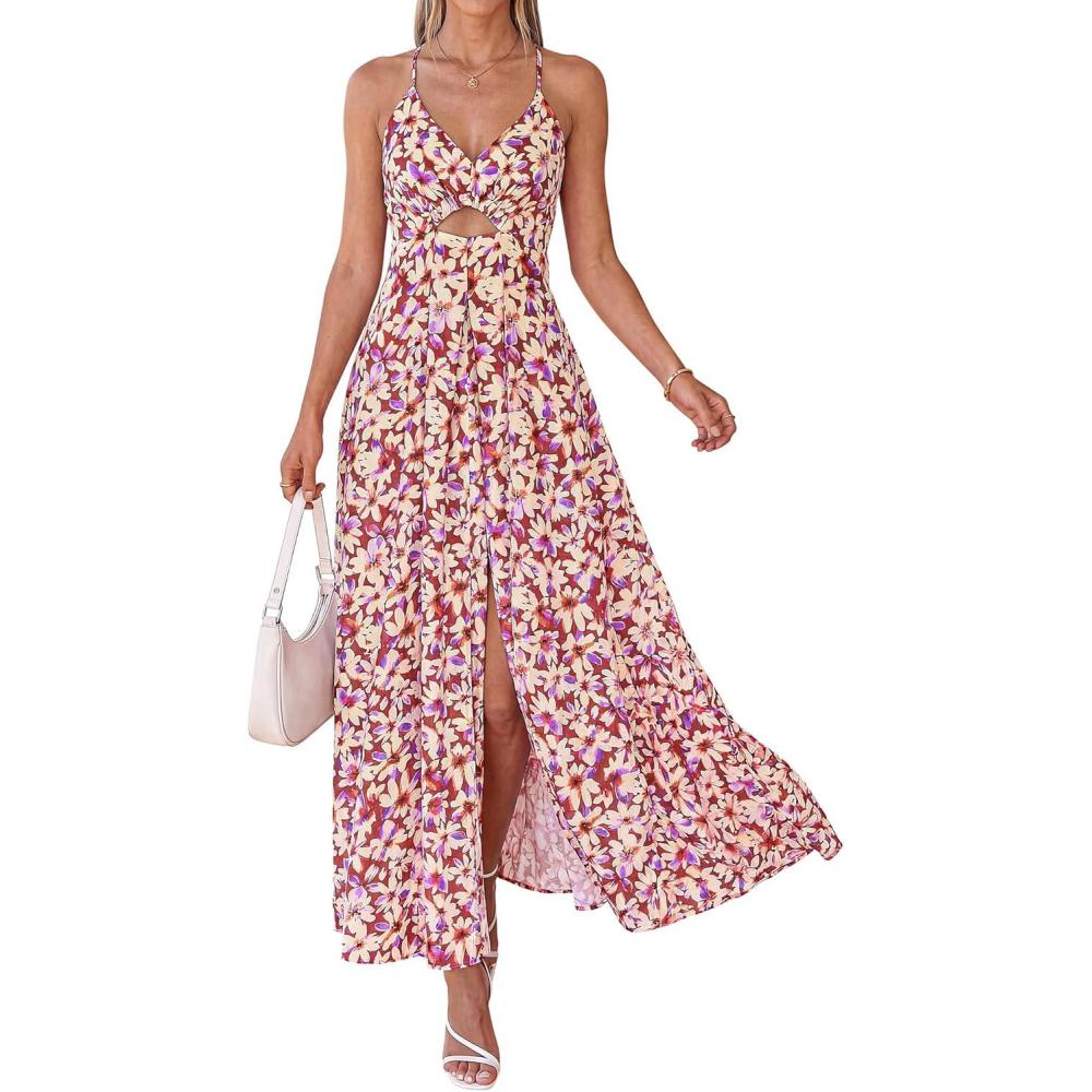 imageBTFBM Summer Dresses for Women 2026 Spring Floral Spaghetti Strap Smocked Cutout Maxi Dress Resort Beach Vacation OutfitFloral Light Brown