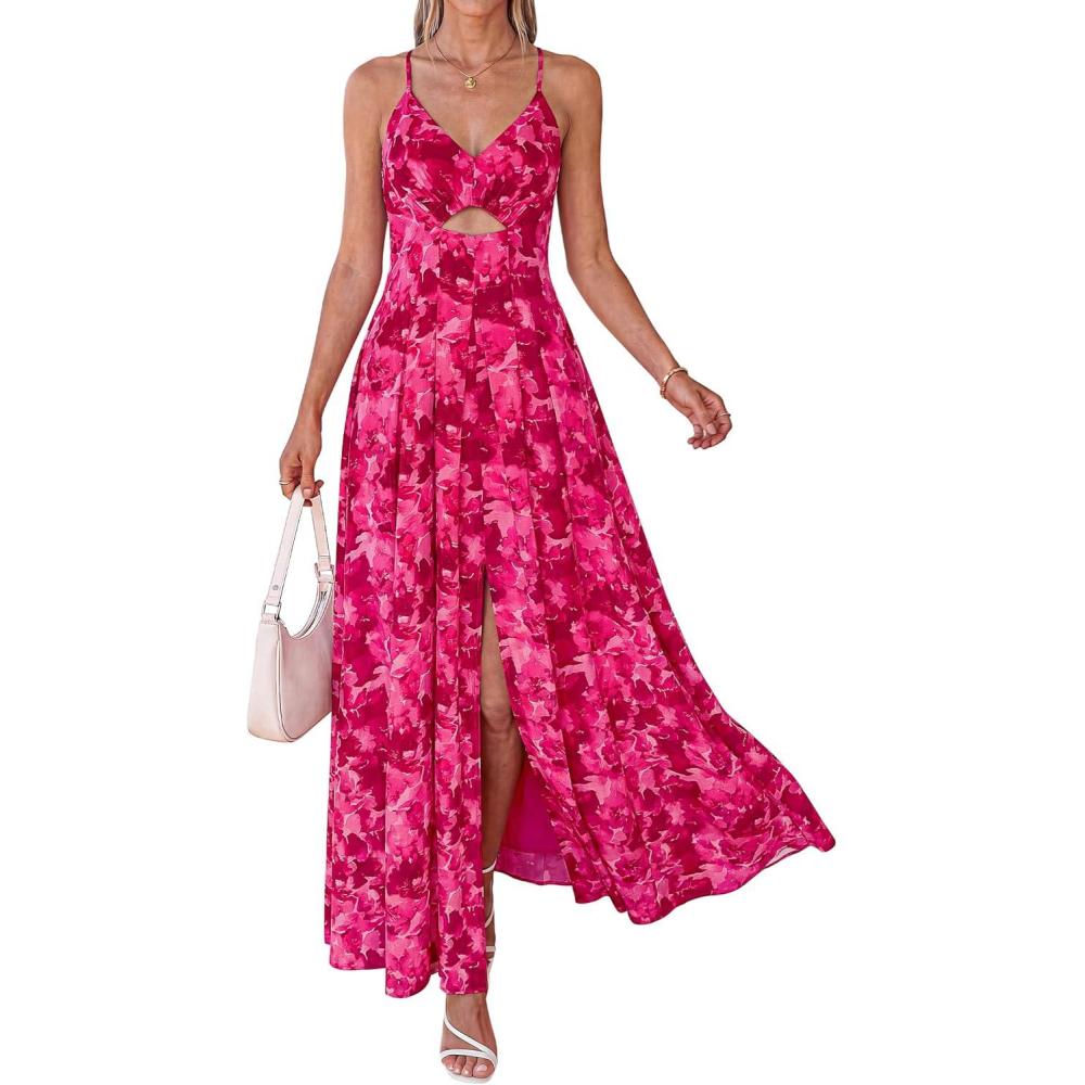imageBTFBM Summer Dresses for Women 2026 Spring Floral Spaghetti Strap Smocked Cutout Maxi Dress Resort Beach Vacation OutfitFloral Rose Red