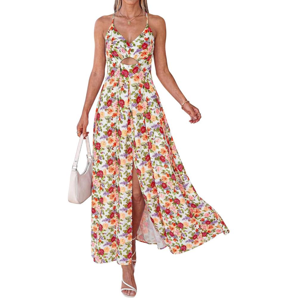 imageBTFBM Summer Dresses for Women 2026 Spring Floral Spaghetti Strap Smocked Cutout Maxi Dress Resort Beach Vacation OutfitFloral White Multi