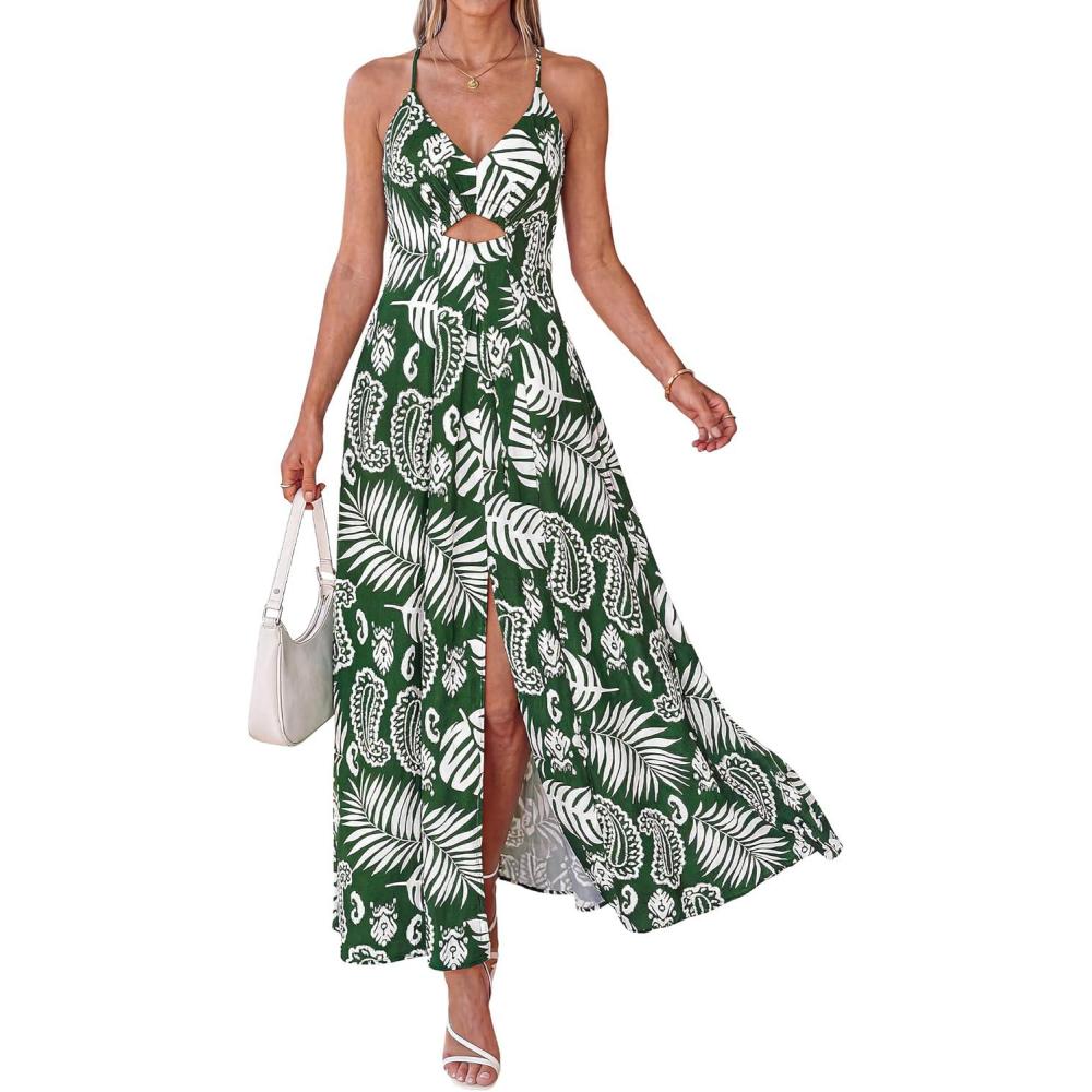 imageBTFBM Summer Dresses for Women 2026 Spring Floral Spaghetti Strap Smocked Cutout Maxi Dress Resort Beach Vacation OutfitLeaves Green