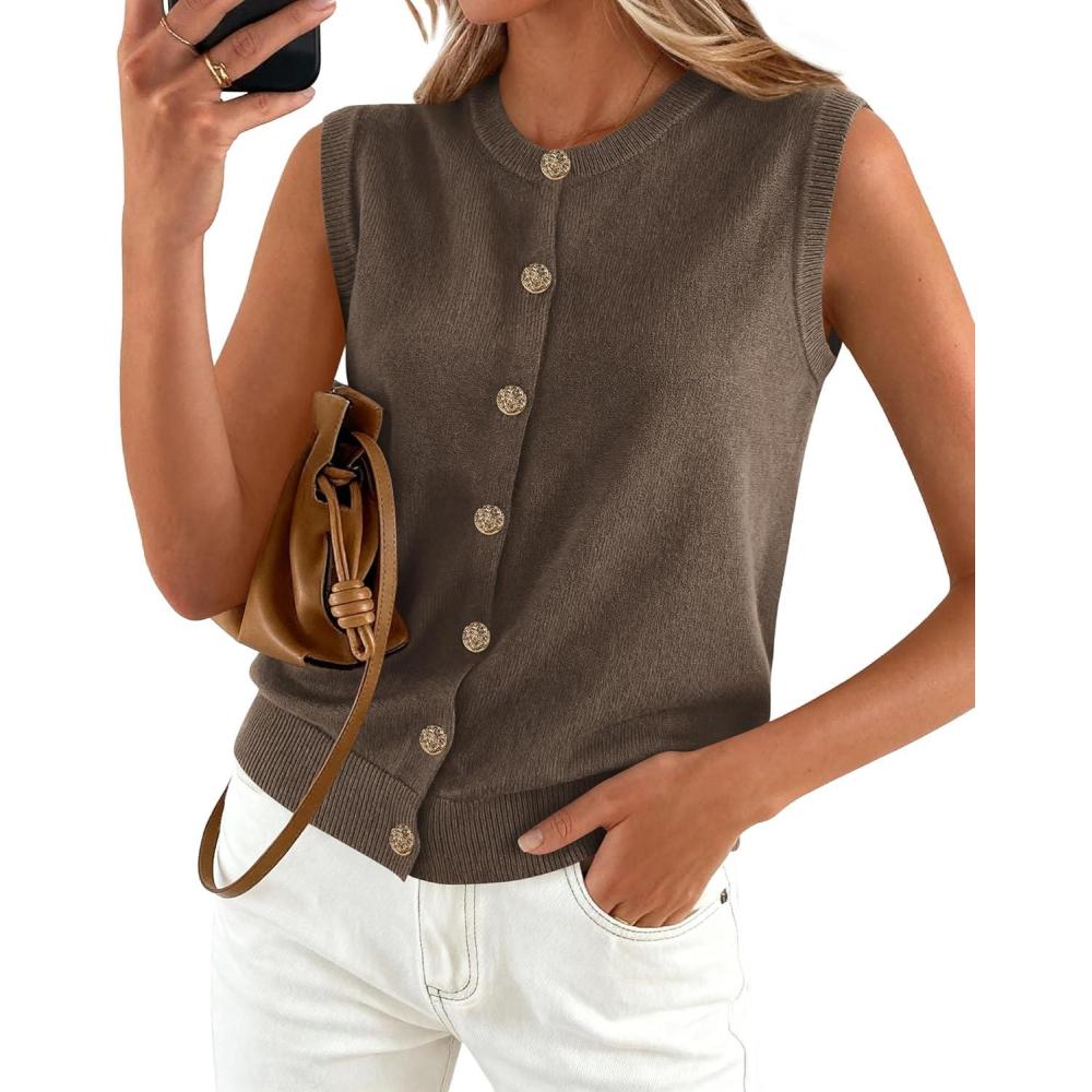 imageBTFBM Sweater Vest Women Casual Crewneck Button Down Knit Sleeveless Cardigan 2026 Spring Clothes Summer Vests TopsGrey Brown