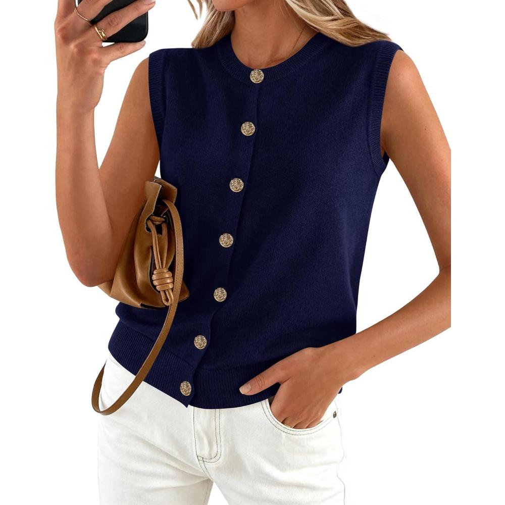 imageBTFBM Sweater Vest Women Casual Crewneck Button Down Knit Sleeveless Cardigan 2026 Spring Clothes Summer Vests TopsNavy Blue