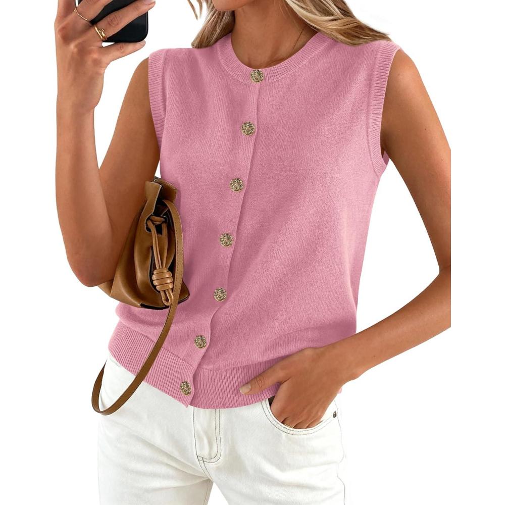 imageBTFBM Sweater Vest Women Casual Crewneck Button Down Knit Sleeveless Cardigan 2026 Spring Clothes Summer Vests TopsPink