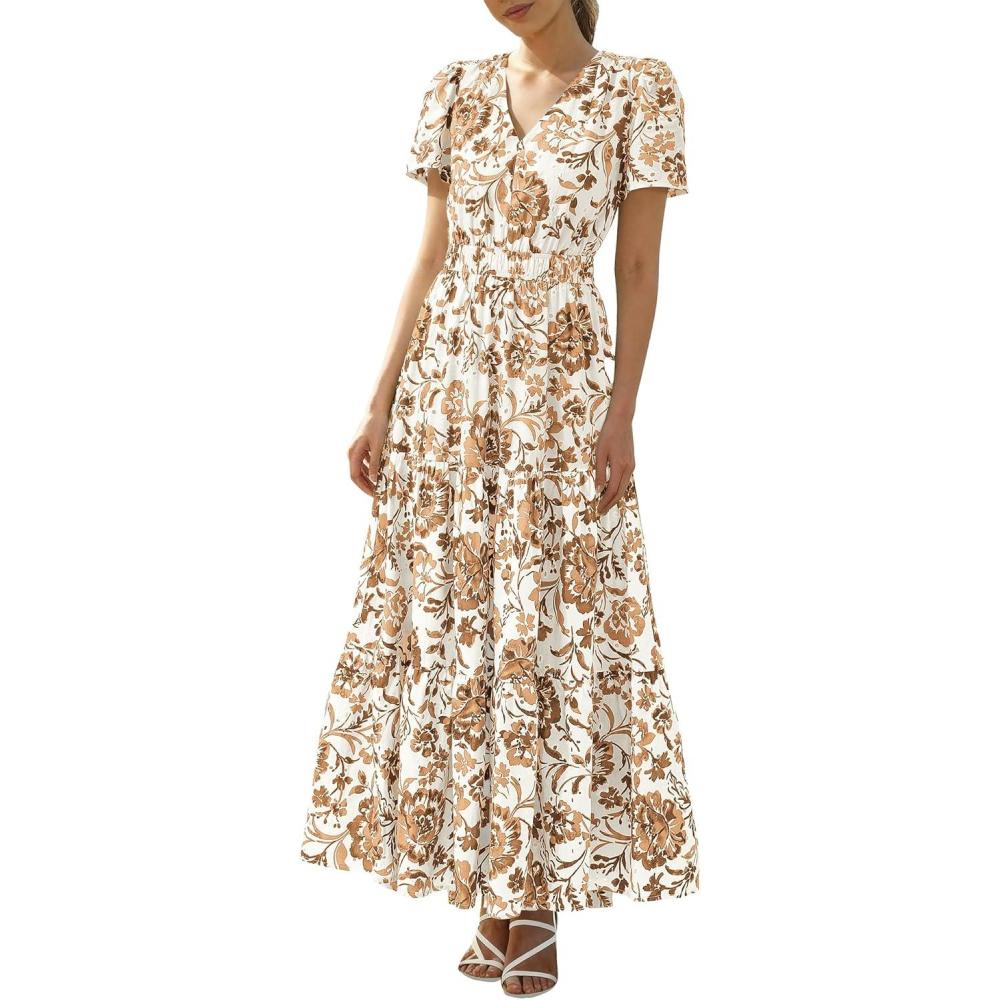 imageBTFBM Womens Summer Dresses 2026 V Neck Hollow Out Eyelet A Line Flowy Boho Beach Vacation Wedding Guest Maxi DressFloral White Khaki