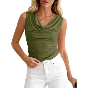 BTFBM Cowl Neck Tank Tops for Women 2026 Spring Summer Sleeveless Dressy Blouses Business Casual Outfits Going Out Top(Army Green)