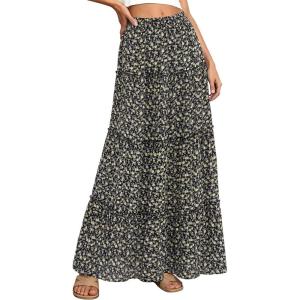 BTFBM Floral Maxi Skirts for Women Summer Spring 2026 Elastic Waist Tiered Flowy Beach Vacation Boho Midi Long Skirt(Floral Black Yellow)