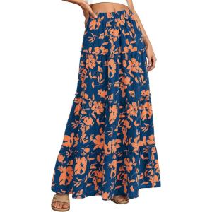 BTFBM Floral Maxi Skirts for Women Summer Spring 2026 Elastic Waist Tiered Flowy Beach Vacation Boho Midi Long Skirt(Floral Blue Orange)