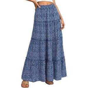 BTFBM Floral Maxi Skirts for Women Summer Spring 2026 Elastic Waist Tiered Flowy Beach Vacation Boho Midi Long Skirt(Floral Blue Purple)