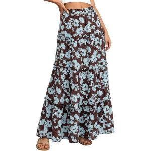 BTFBM Floral Maxi Skirts for Women Summer Spring 2026 Elastic Waist Tiered Flowy Beach Vacation Boho Midi Long Skirt(Floral Brown Light Blue)