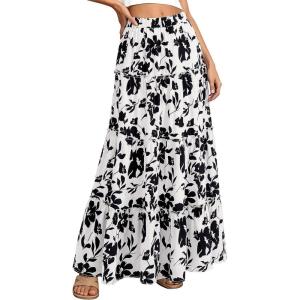 BTFBM Floral Maxi Skirts for Women Summer Spring 2026 Elastic Waist Tiered Flowy Beach Vacation Boho Midi Long Skirt(Floral White Black)