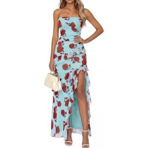 BTFBM Off The Shoulder Dresses for Women Summer 2026 Strapless Ruffle Sundress Slit Formal Cocktail Wedding Guest Dress(Floral Blue Rose)