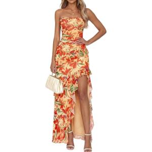 BTFBM Off The Shoulder Dresses for Women Summer 2026 Strapless Ruffle Sundress Slit Formal Cocktail Wedding Guest Dress(Floral Orange Red)