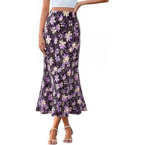 BTFBM Satin Skirts for Women Trendy Spring Summer 2026 High Waisted Leopard Print Cocktail Wedding Long Silk Midi Skirt(Floral Black Purple)