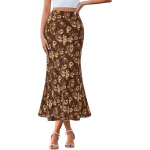 BTFBM Satin Skirts for Women Trendy Spring Summer 2026 High Waisted Leopard Print Cocktail Wedding Long Silk Midi Skirt(Floral Brown Yellow)
