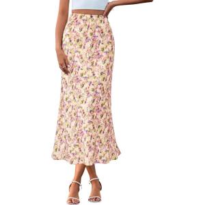 BTFBM Satin Skirts for Women Trendy Spring Summer 2026 High Waisted Leopard Print Cocktail Wedding Long Silk Midi Skirt(Floral Yellow Pink)