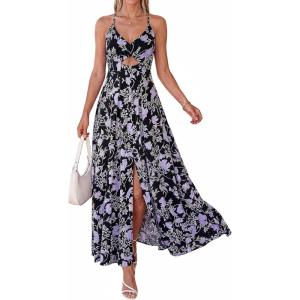 BTFBM Summer Dresses for Women 2026 Spring Floral Spaghetti Strap Smocked Cutout Maxi Dress Resort Beach Vacation Outfit(Floral Black Purple)