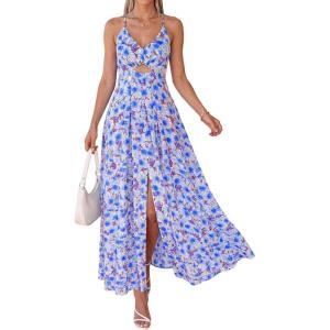 BTFBM Summer Dresses for Women 2026 Spring Floral Spaghetti Strap Smocked Cutout Maxi Dress Resort Beach Vacation Outfit(Floral Blue)