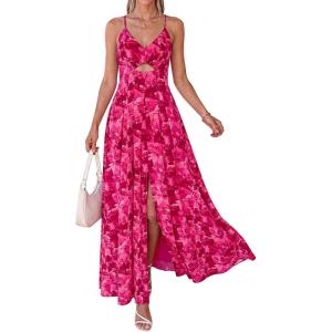 BTFBM Summer Dresses for Women 2026 Spring Floral Spaghetti Strap Smocked Cutout Maxi Dress Resort Beach Vacation Outfit(Floral Rose Red)