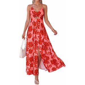 BTFBM Summer Dresses for Women 2026 Spring Floral Spaghetti Strap Smocked Cutout Maxi Dress Resort Beach Vacation Outfit(Floral Watermelon Red)