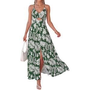 BTFBM Summer Dresses for Women 2026 Spring Floral Spaghetti Strap Smocked Cutout Maxi Dress Resort Beach Vacation Outfit(Leaves Green)