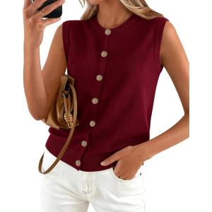 BTFBM Sweater Vest Women Casual Crewneck Button Down Knit Sleeveless Cardigan 2026 Spring Clothes Summer Vests Tops(Burgundy)