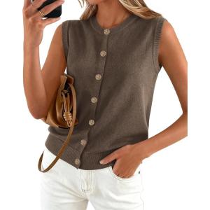 BTFBM Sweater Vest Women Casual Crewneck Button Down Knit Sleeveless Cardigan 2026 Spring Clothes Summer Vests Tops(Grey Brown)