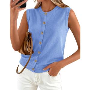 BTFBM Sweater Vest Women Casual Crewneck Button Down Knit Sleeveless Cardigan 2026 Spring Clothes Summer Vests Tops(Light Blue)