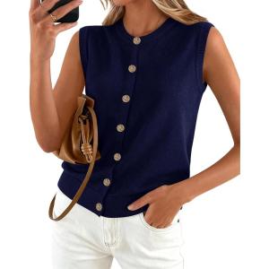 BTFBM Sweater Vest Women Casual Crewneck Button Down Knit Sleeveless Cardigan 2026 Spring Clothes Summer Vests Tops(Navy Blue)