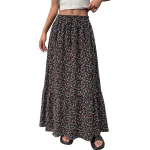 BTFBM Womens Boho Maxi Skirt 2026 Summer Floral High Waisted Flowy Tiered Long Spring Beach Vacation Skirts Pockets(Floral Black Red)