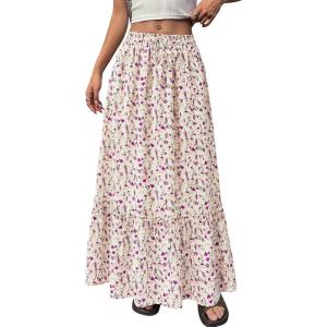 BTFBM Womens Boho Maxi Skirt 2026 Summer Floral High Waisted Flowy Tiered Long Spring Beach Vacation Skirts Pockets(Floral White Purple)