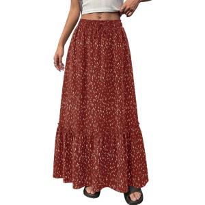 BTFBM Womens Boho Maxi Skirt 2026 Summer Floral High Waisted Flowy Tiered Long Spring Beach Vacation Skirts Pockets(Red)