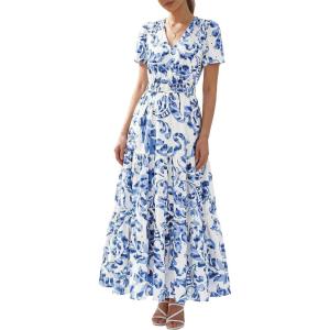 BTFBM Womens Summer Dresses 2026 V Neck Hollow Out Eyelet A Line Flowy Boho Beach Vacation Wedding Guest Maxi Dress(Floral White Blue)