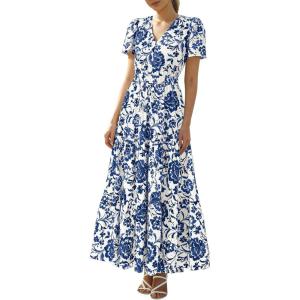 BTFBM Womens Summer Dresses 2026 V Neck Hollow Out Eyelet A Line Flowy Boho Beach Vacation Wedding Guest Maxi Dress(Floral White Dark Blue)