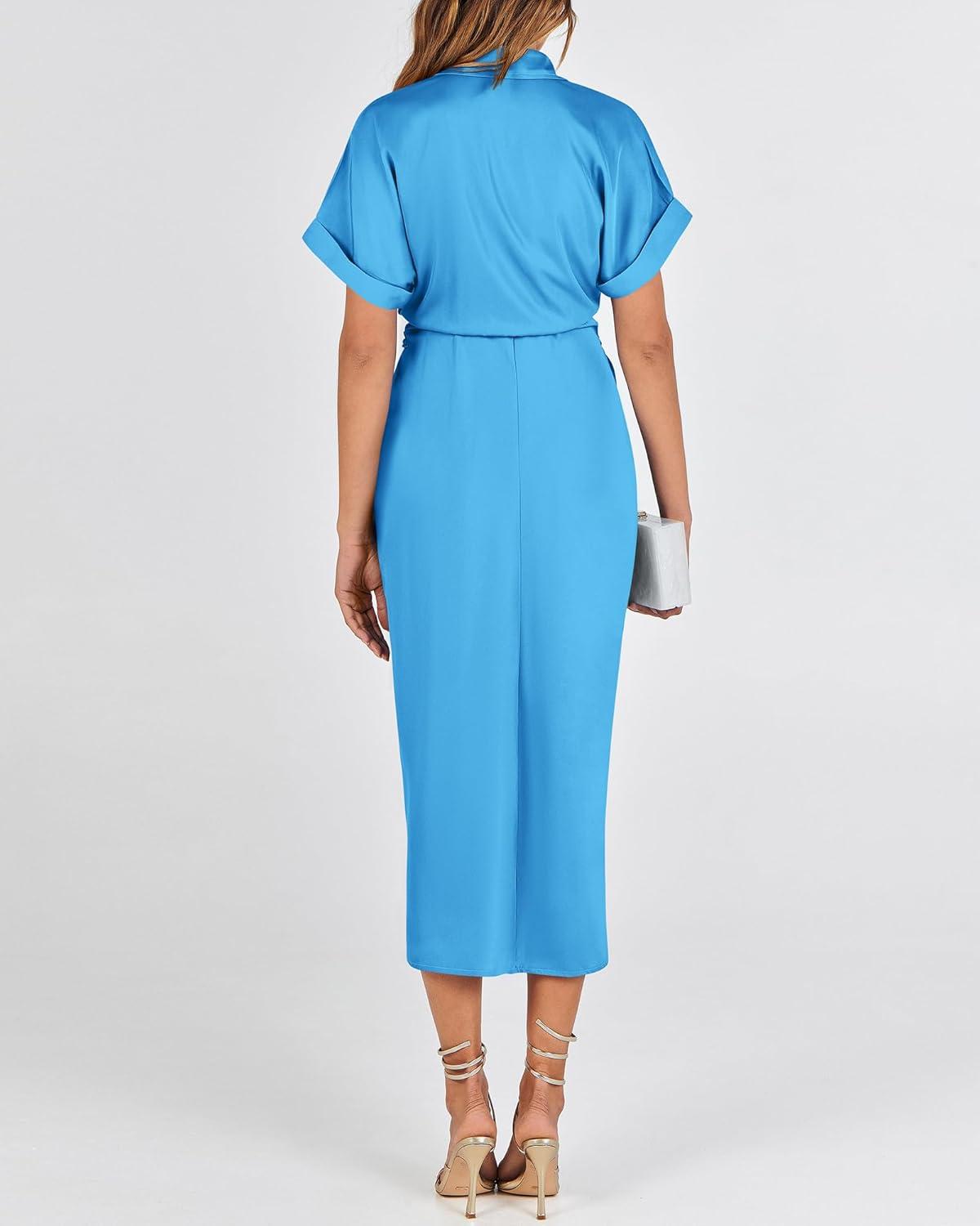 imageBTFBM Shirt Dresses for Women Spring Button Short Sleeve Silk Satin Ruched Maxi Summer Dress 2026 Cocktail Party WeddingAqua Blue
