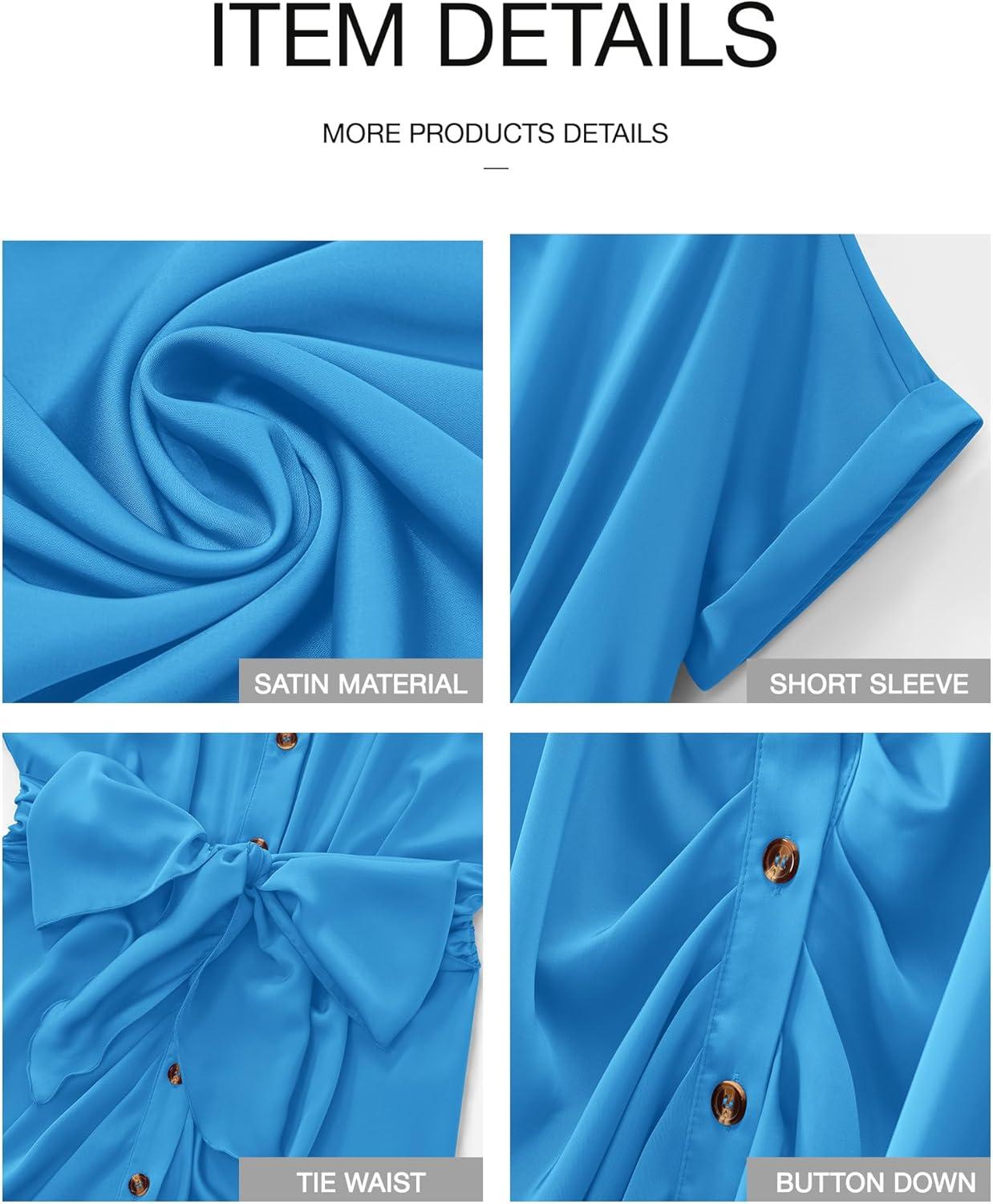 imageBTFBM Shirt Dresses for Women Spring Button Short Sleeve Silk Satin Ruched Maxi Summer Dress 2026 Cocktail Party WeddingAqua Blue