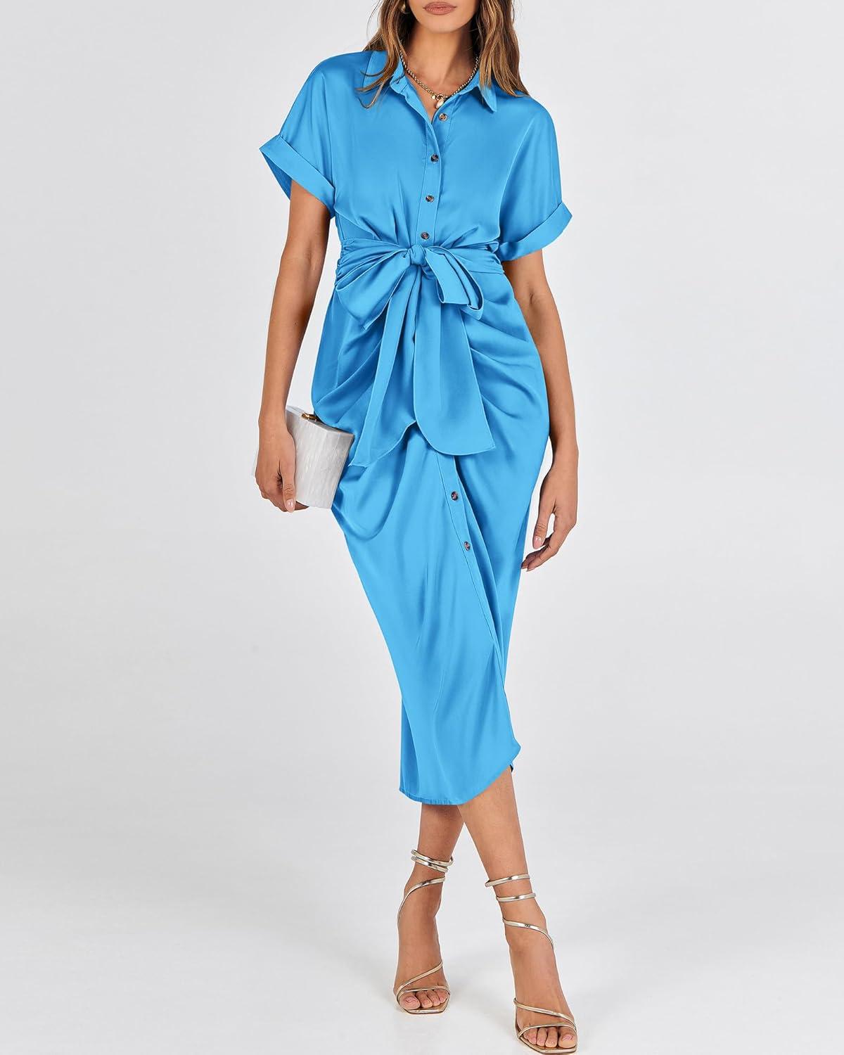 imageBTFBM Shirt Dresses for Women Spring Button Short Sleeve Silk Satin Ruched Maxi Summer Dress 2026 Cocktail Party WeddingAqua Blue