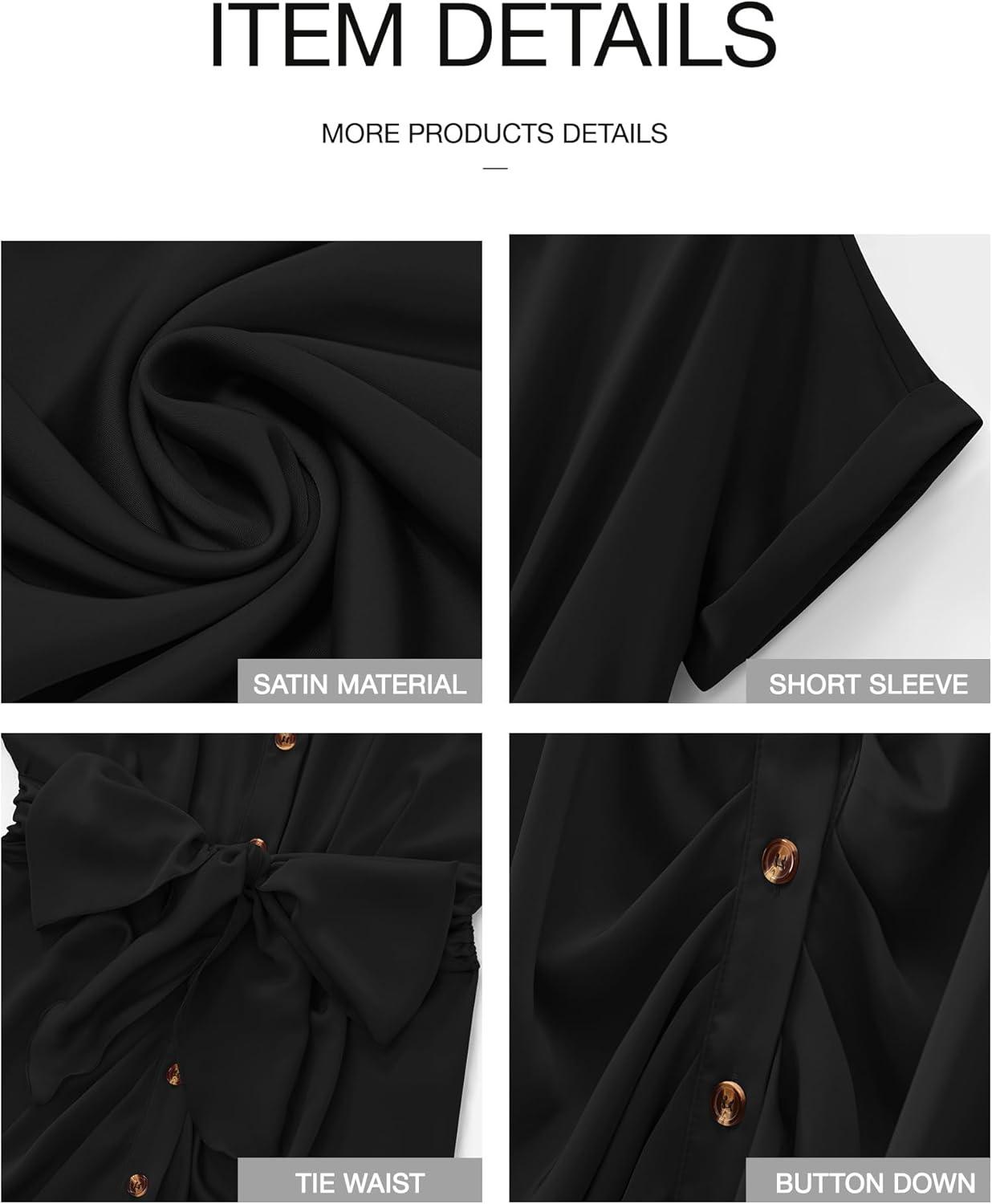 imageBTFBM Shirt Dresses for Women Spring Button Short Sleeve Silk Satin Ruched Maxi Summer Dress 2026 Cocktail Party WeddingBlack