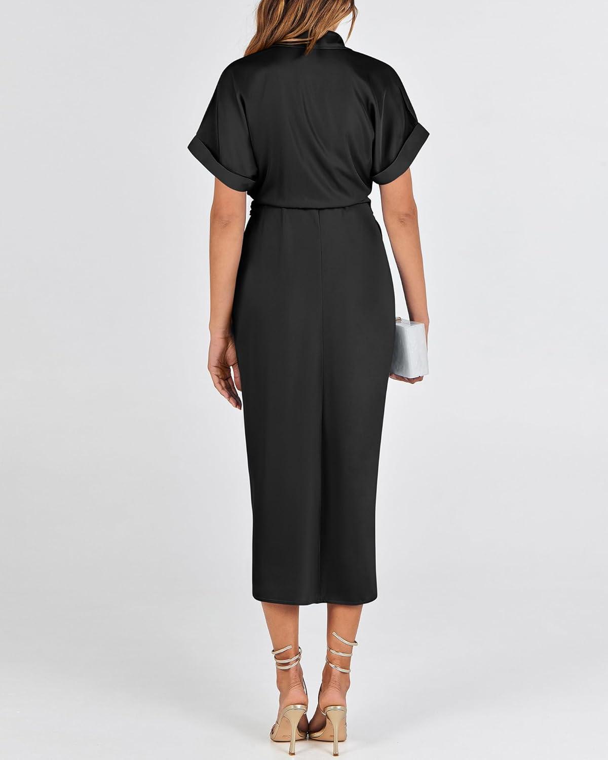 imageBTFBM Shirt Dresses for Women Spring Button Short Sleeve Silk Satin Ruched Maxi Summer Dress 2026 Cocktail Party WeddingBlack