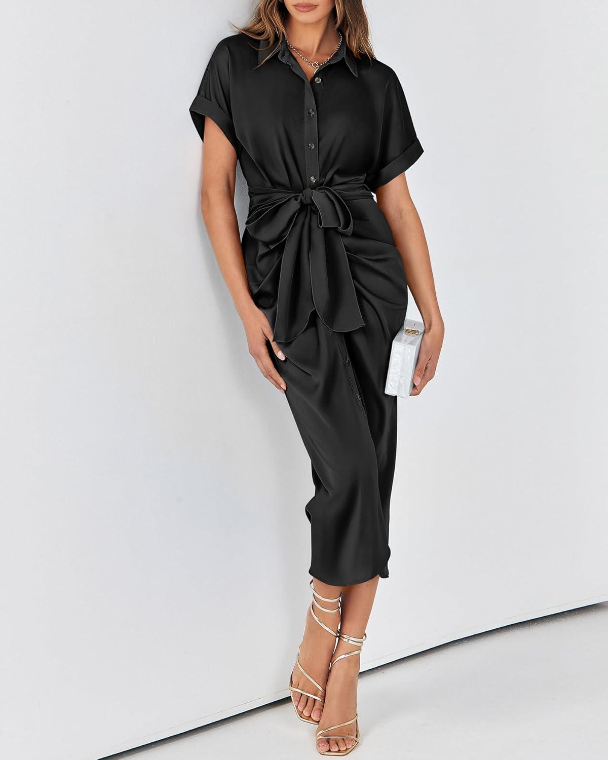 imageBTFBM Shirt Dresses for Women Spring Button Short Sleeve Silk Satin Ruched Maxi Summer Dress 2026 Cocktail Party WeddingBlack