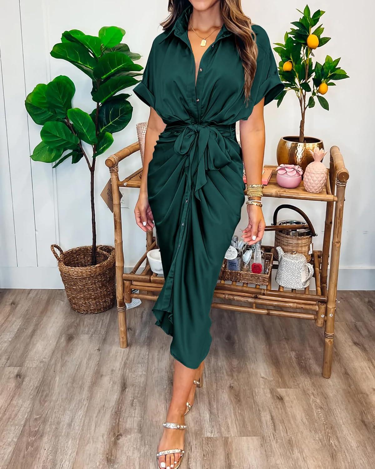 imageBTFBM Shirt Dresses for Women Spring Button Short Sleeve Silk Satin Ruched Maxi Summer Dress 2026 Cocktail Party WeddingDark Green