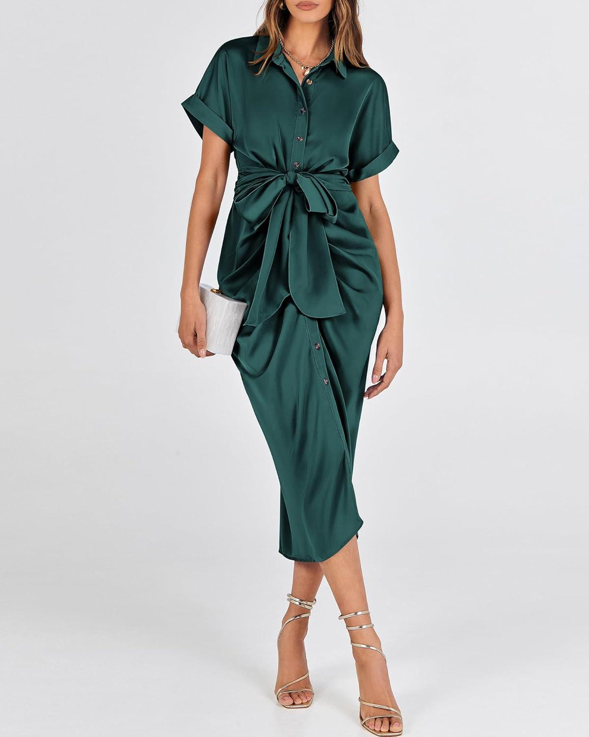 imageBTFBM Shirt Dresses for Women Spring Button Short Sleeve Silk Satin Ruched Maxi Summer Dress 2026 Cocktail Party WeddingDark Green