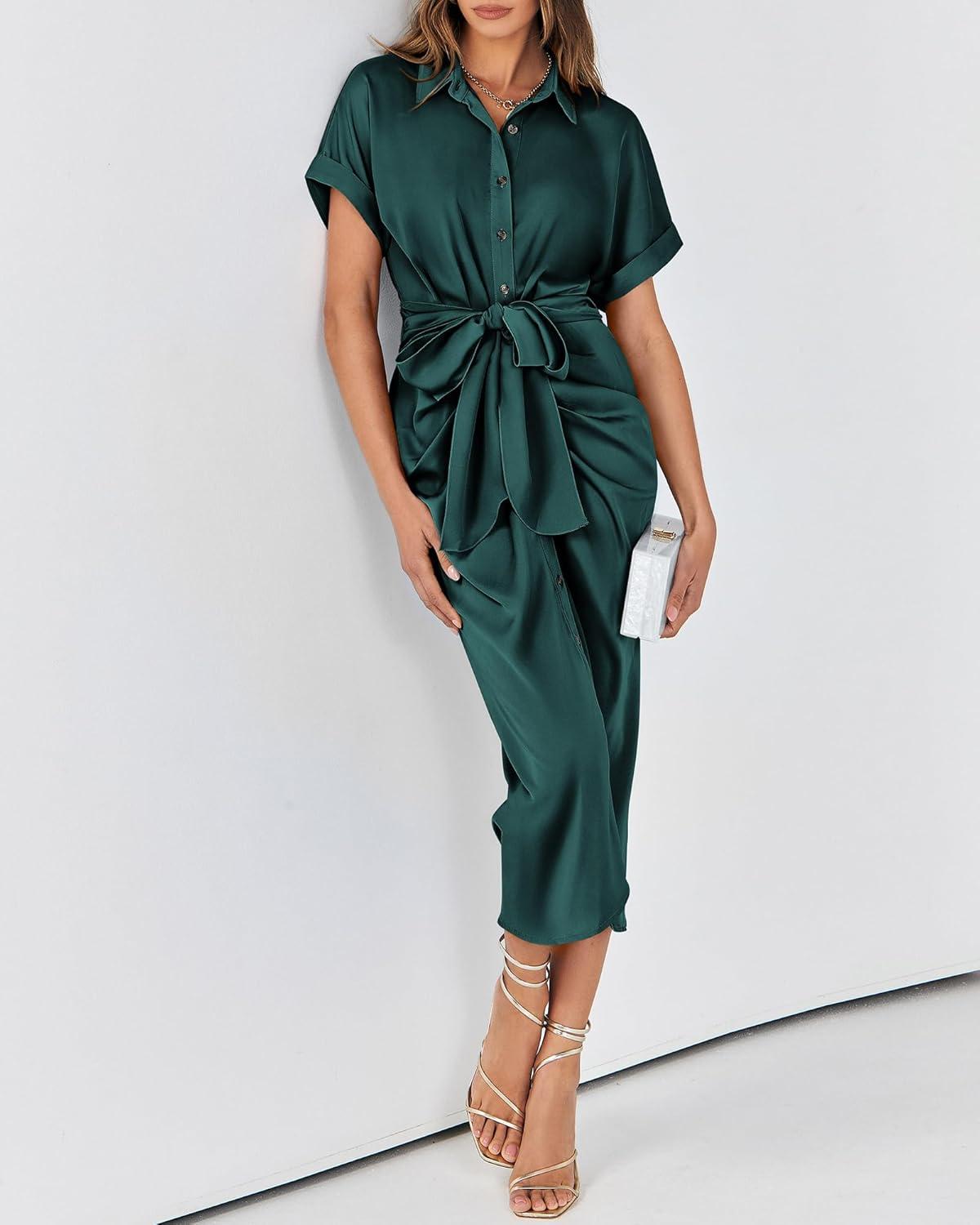 imageBTFBM Shirt Dresses for Women Spring Button Short Sleeve Silk Satin Ruched Maxi Summer Dress 2026 Cocktail Party WeddingDark Green