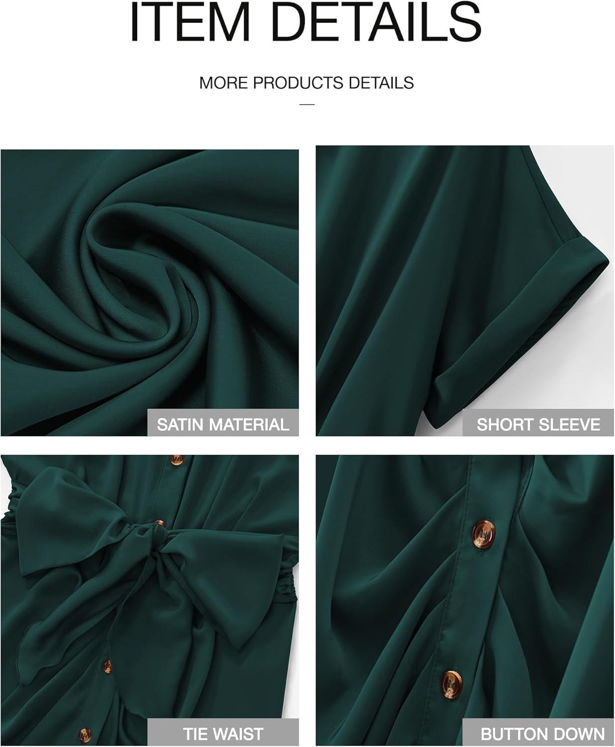 imageBTFBM Shirt Dresses for Women Spring Button Short Sleeve Silk Satin Ruched Maxi Summer Dress 2026 Cocktail Party WeddingDark Green