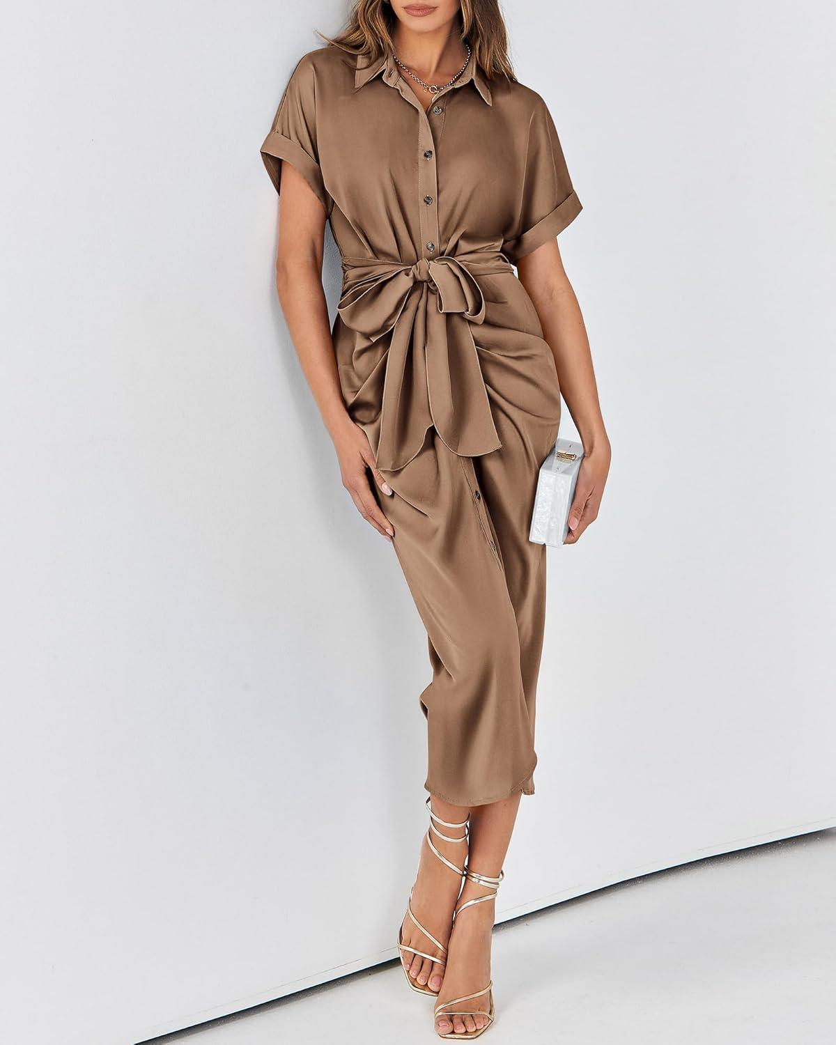 imageBTFBM Shirt Dresses for Women Spring Button Short Sleeve Silk Satin Ruched Maxi Summer Dress 2026 Cocktail Party WeddingDark Khaki