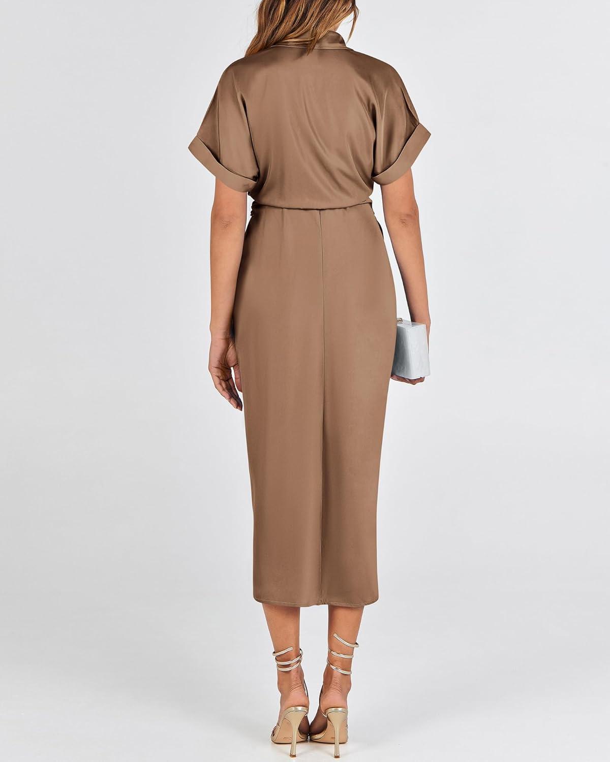 imageBTFBM Shirt Dresses for Women Spring Button Short Sleeve Silk Satin Ruched Maxi Summer Dress 2026 Cocktail Party WeddingDark Khaki