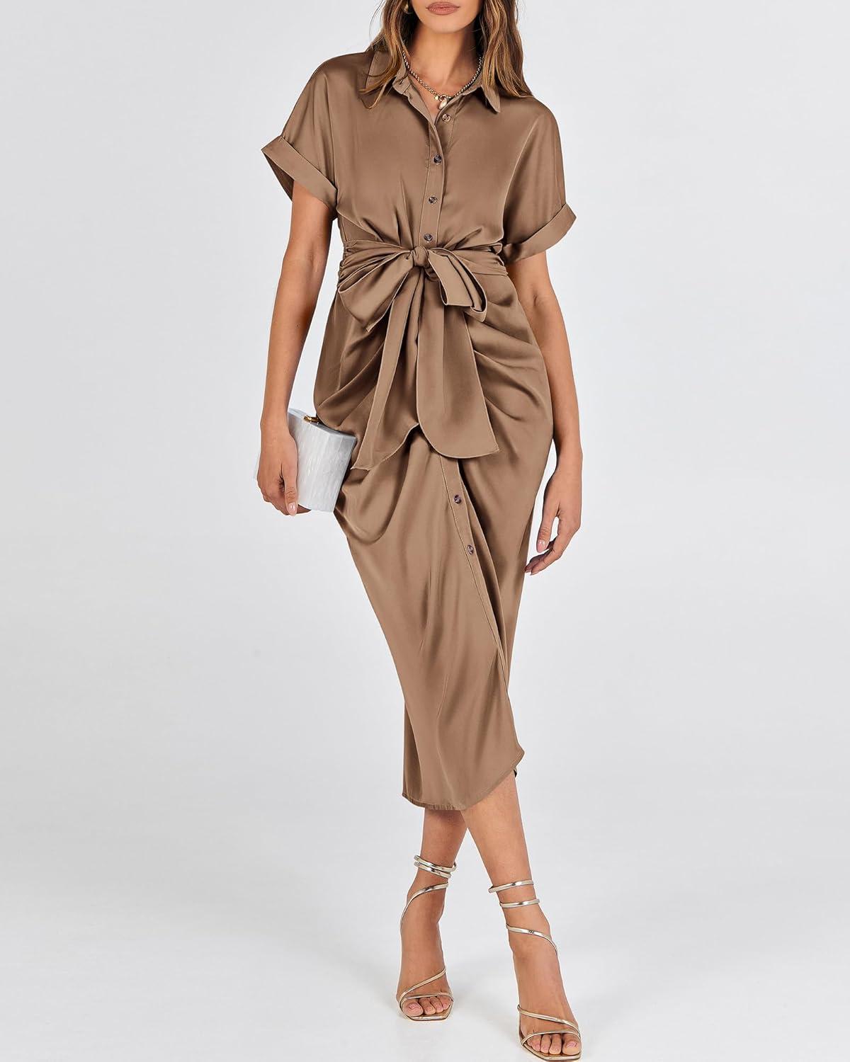 imageBTFBM Shirt Dresses for Women Spring Button Short Sleeve Silk Satin Ruched Maxi Summer Dress 2026 Cocktail Party WeddingDark Khaki