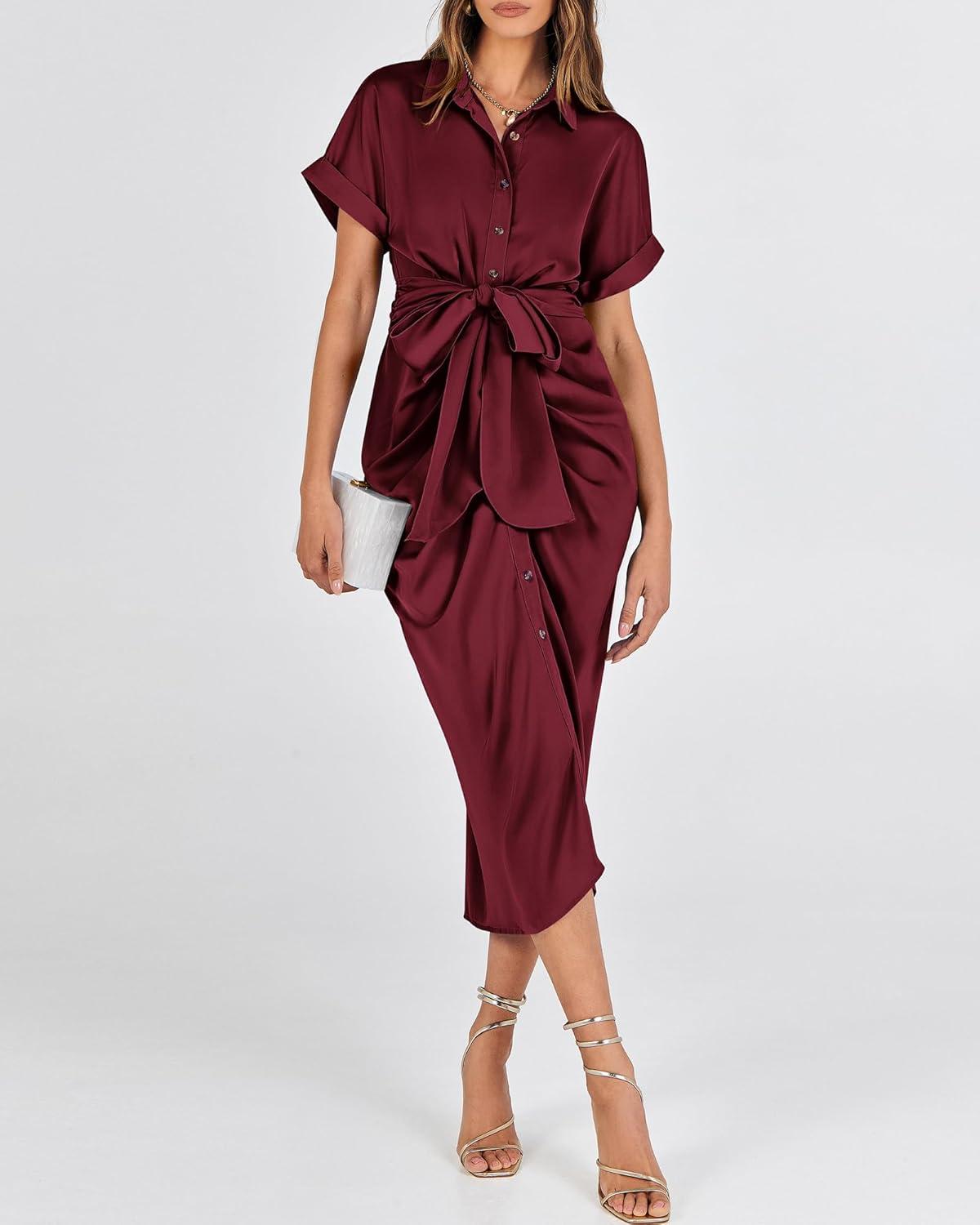 imageBTFBM Shirt Dresses for Women Spring Button Short Sleeve Silk Satin Ruched Maxi Summer Dress 2026 Cocktail Party WeddingDark Wine Red